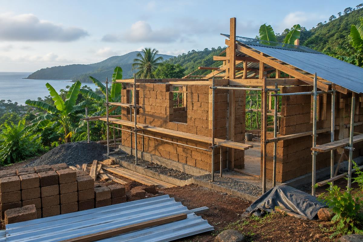 Maison en briques de terre compressée en construction sous échafaudages, sur une colline tropicale face au lagon