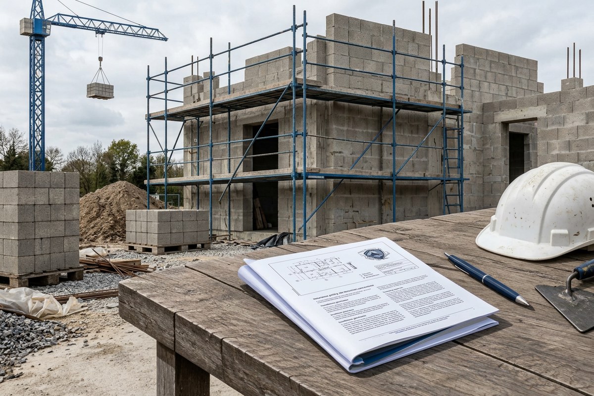Chantier de gros œuvre et documents d’assurance décennale posés sur un plan