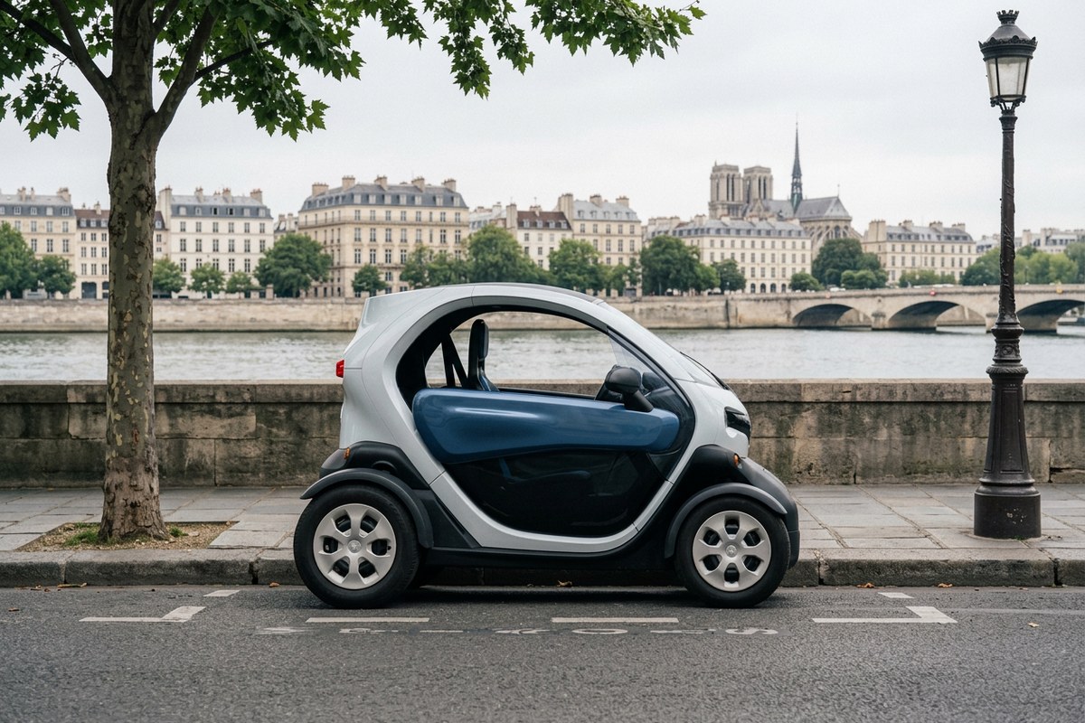 Voiturette sans permis garée le long d’un trottoir