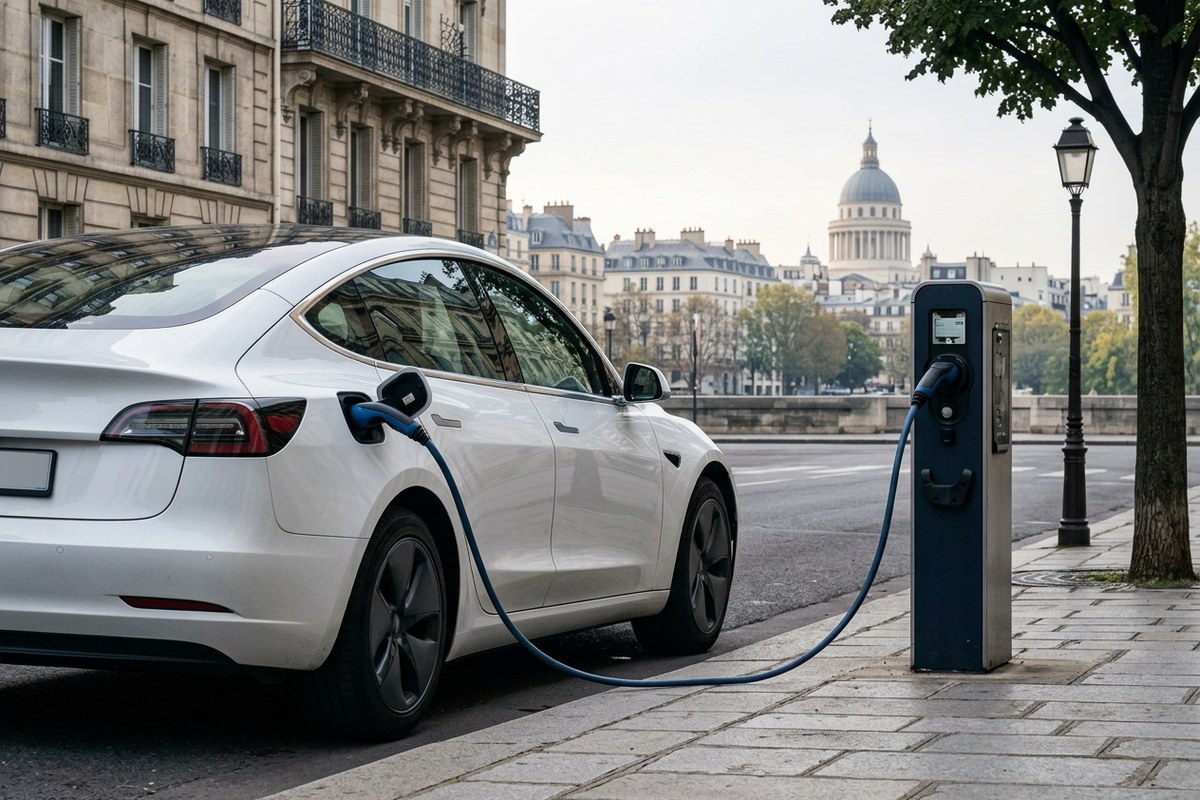 Voiture électrique branchée à une borne de recharge en ville
