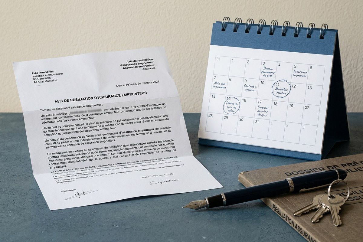 Lettre de résiliation d’assurance emprunteur posée près d’un calendrier