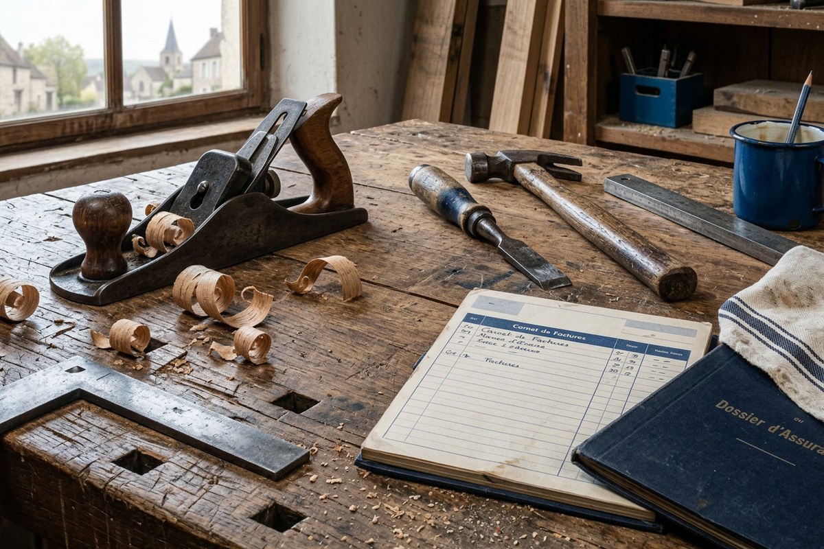 Établi d’artisan auto-entrepreneur avec carnet de facturation et outils