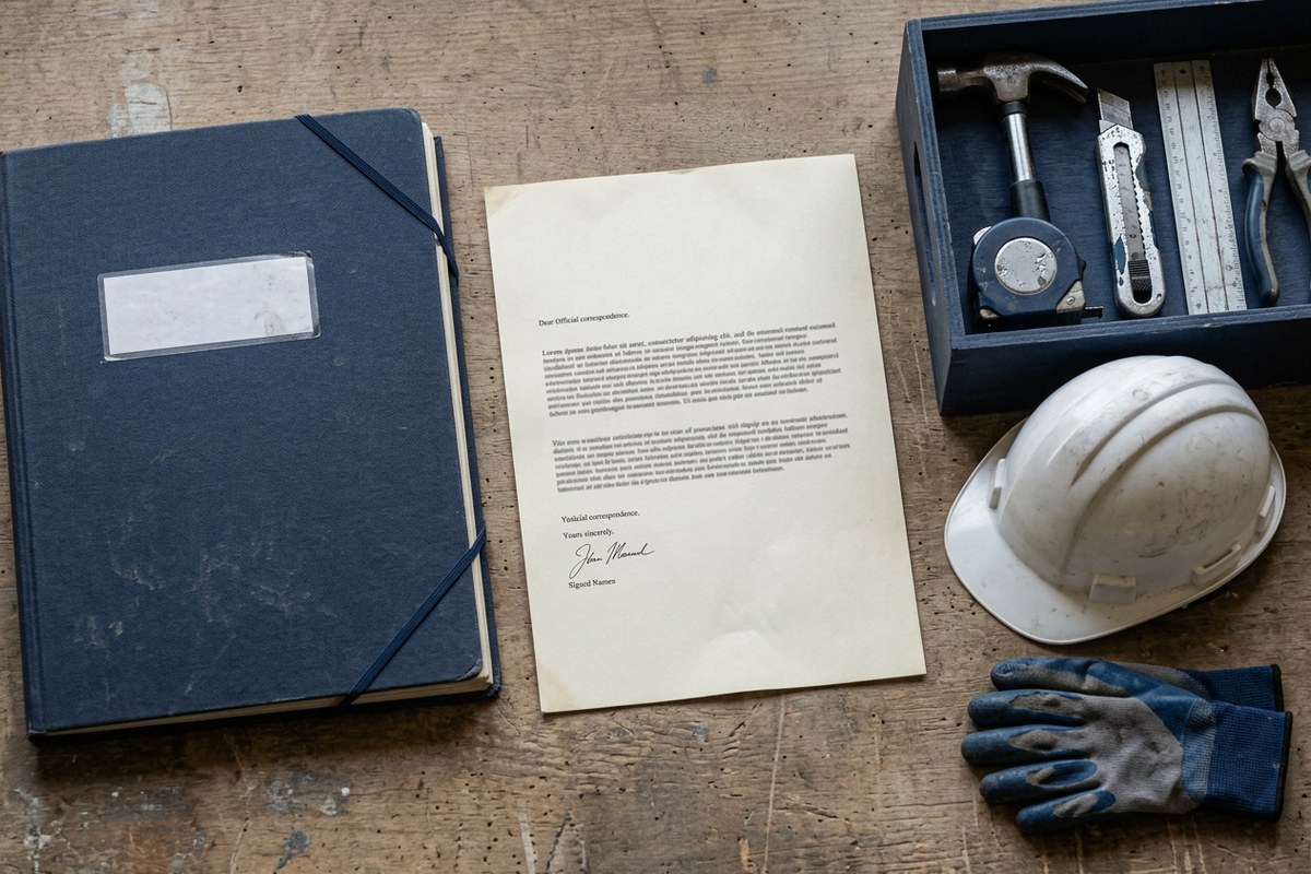 Dossier de résiliation d’assurance et outils de chantier rangés