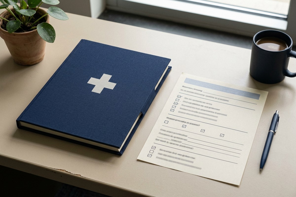 Questionnaire de santé et dossier médical fermé sur un bureau
