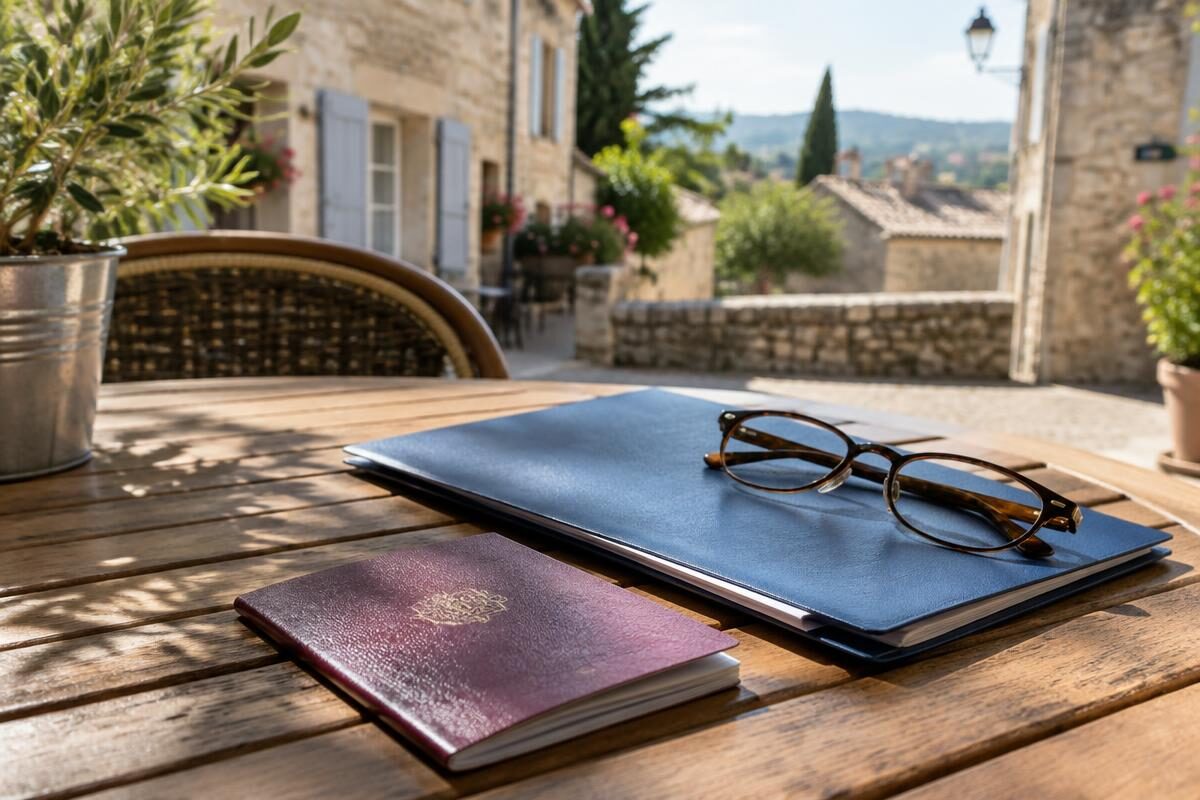 Passport, health insurance folder and reading glasses on a café table in a sunny French stone village