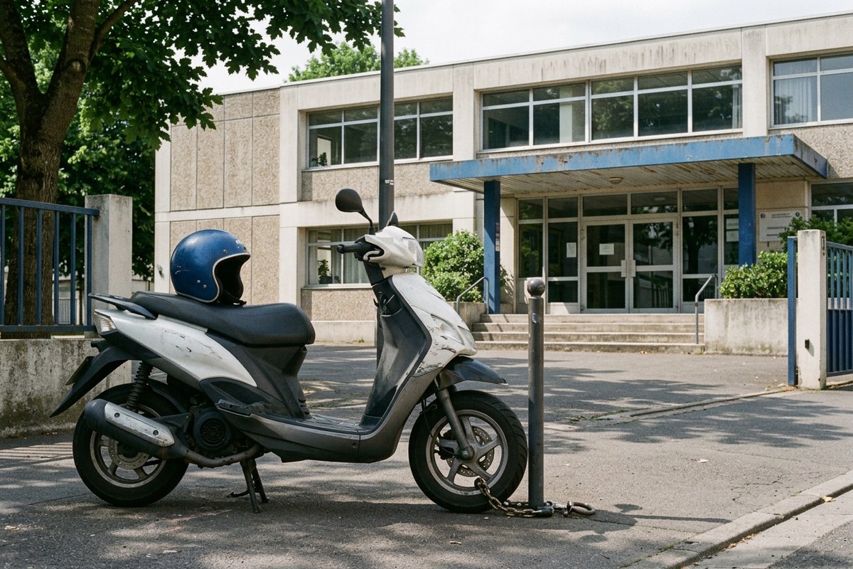Scooter 50 cm³ et casque stationnés devant un établissement scolaire