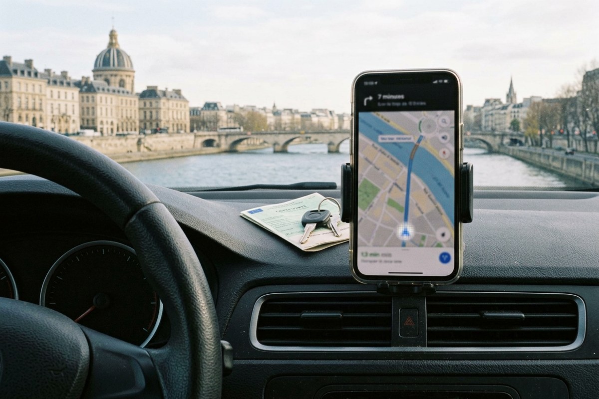 Smartphone de chauffeur VTC posé sur un tableau de bord