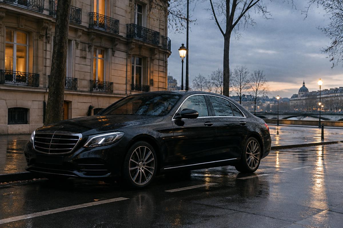 Berline noire de chauffeur VTC stationnée sur un quai parisien sous la pluie, au crépuscule