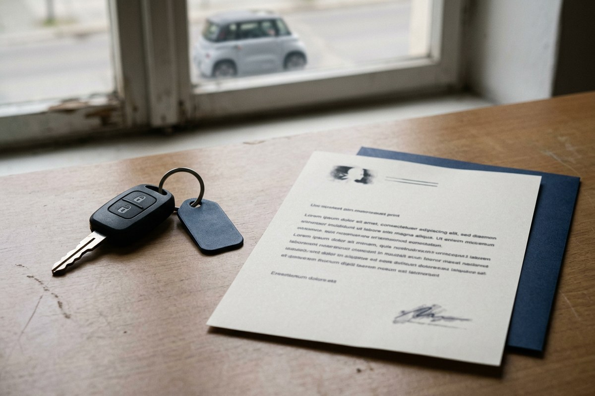 Clés de voiturette et courrier de résiliation d’assurance sur une table