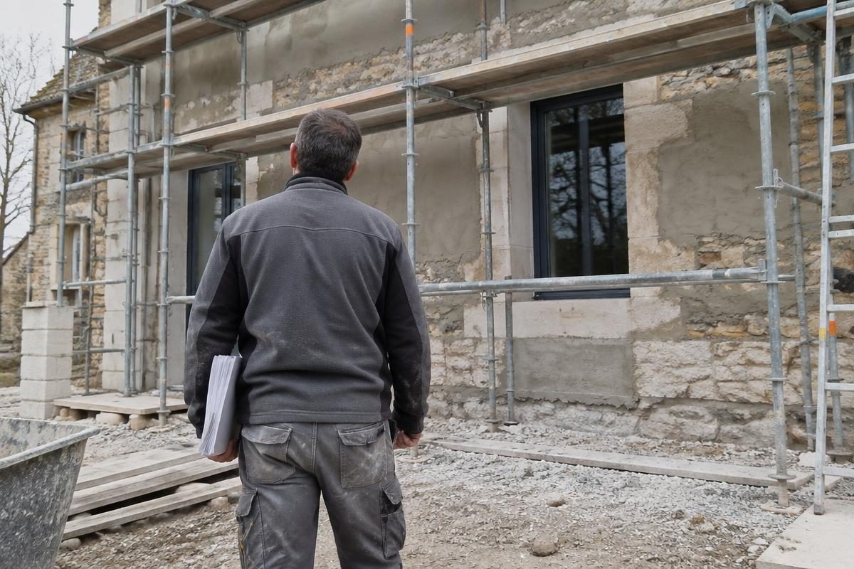 Artisan vu de dos, un dossier sous le bras, devant une maison en pierre en rénovation entourée d’échafaudages